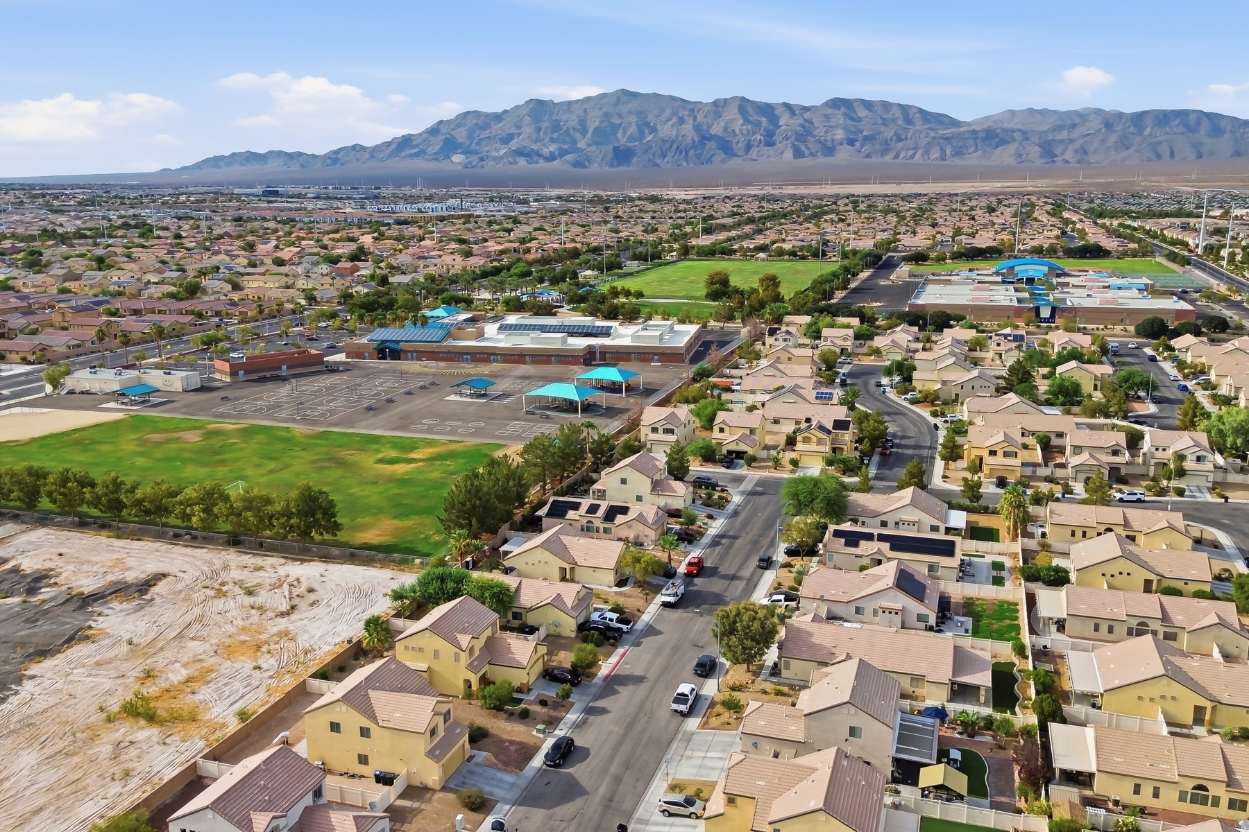 Aerial view of the North Las Vegas neighborhood and nearby mountains
